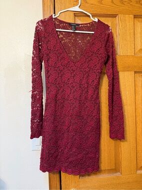 Forever 21 Wine Lace Long Sleeve V-Neck Dress